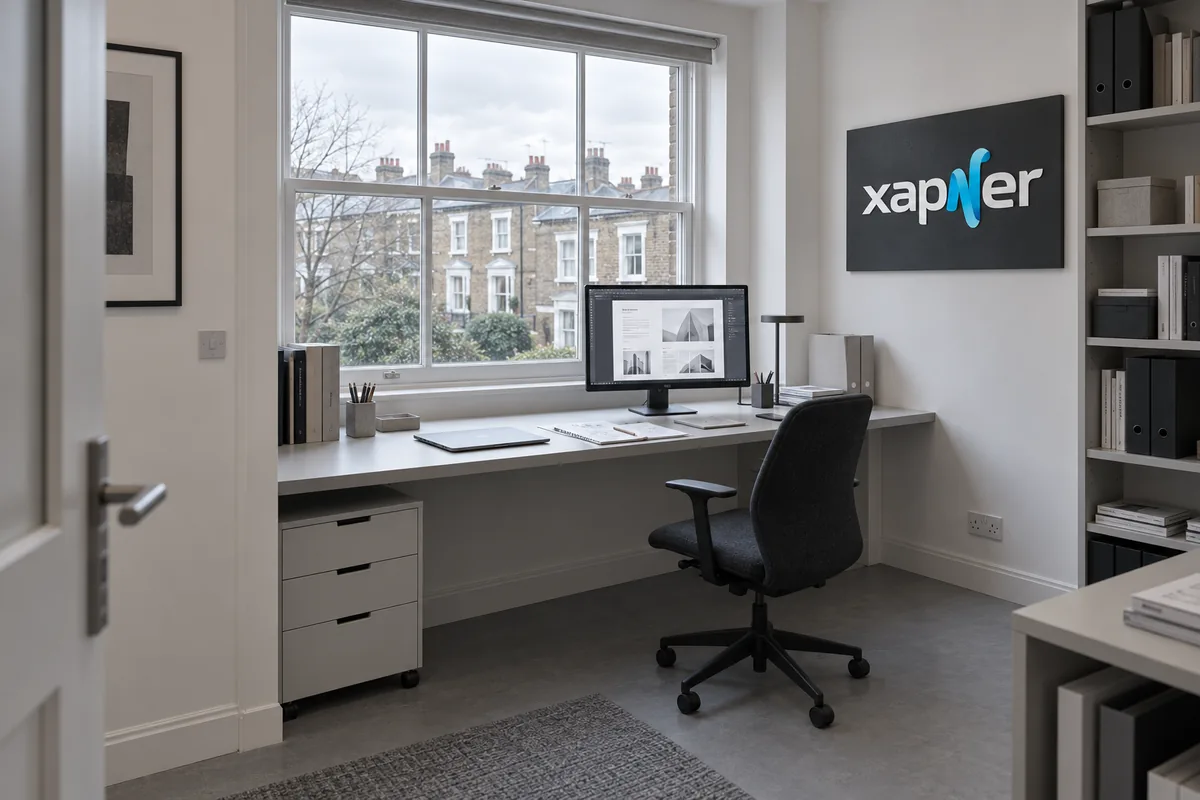 Xapner workspace in London with a laptop, monitor and the Xapner logo